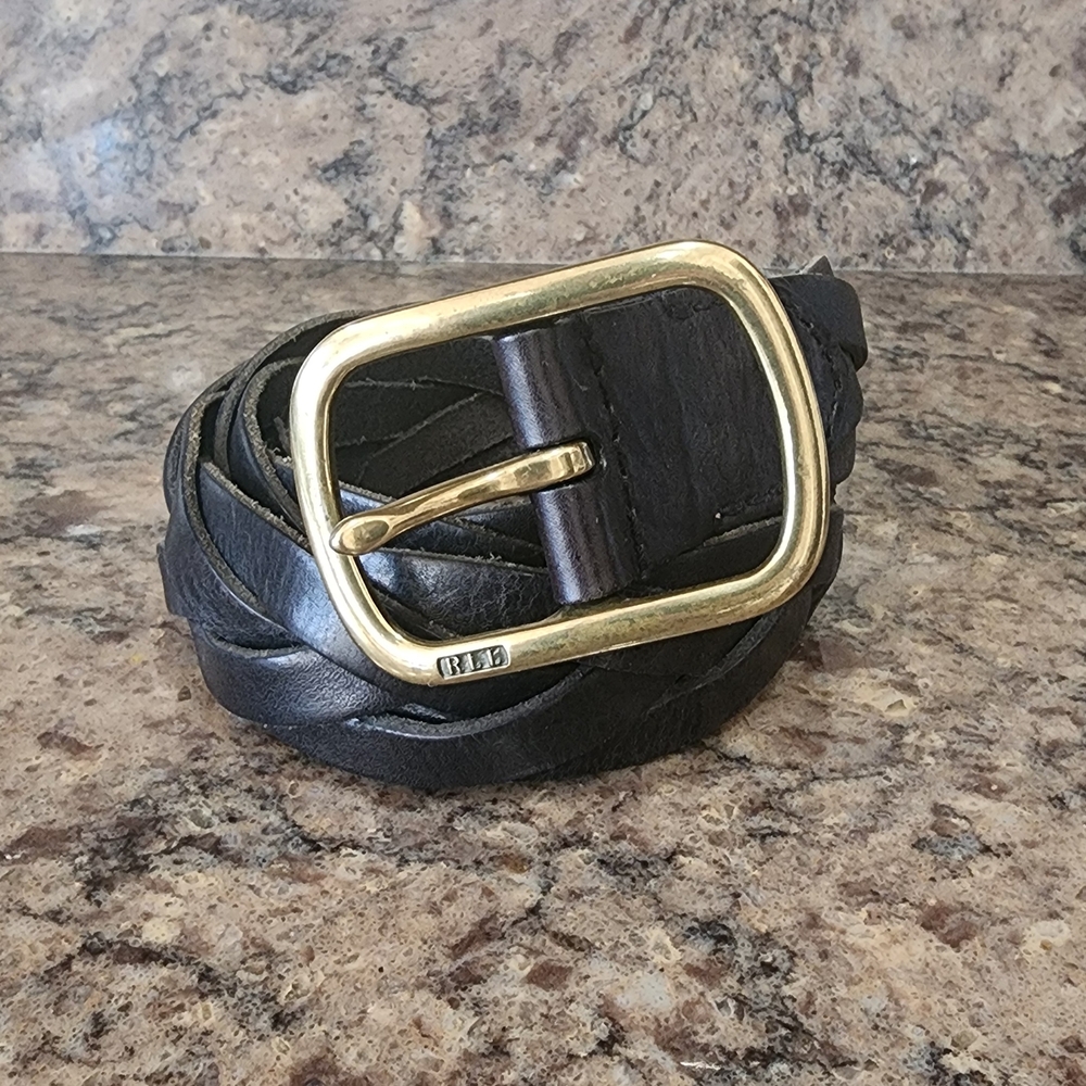 Ralph Lauren Black Genuine Leather Braided Belt Size L Brass Buckle RLL